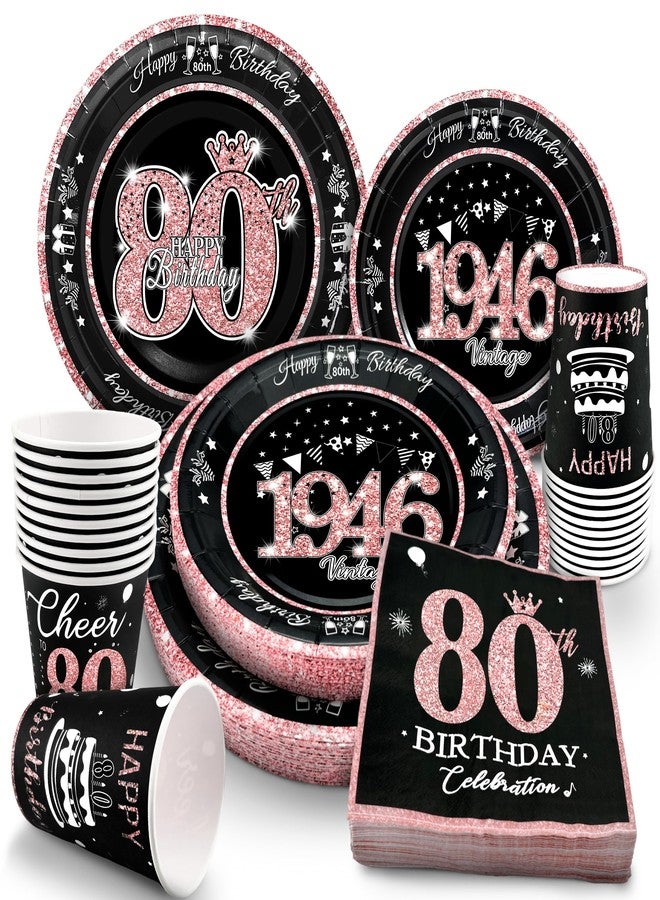 algpty 80th Birthday Decorations Rose Gold, Service for 30, Vintage 80th Birthday Party Supplies Includes Rose Gold 1946 Plates, Napkins,Cups, Plates and Napkins for Women - Image 1