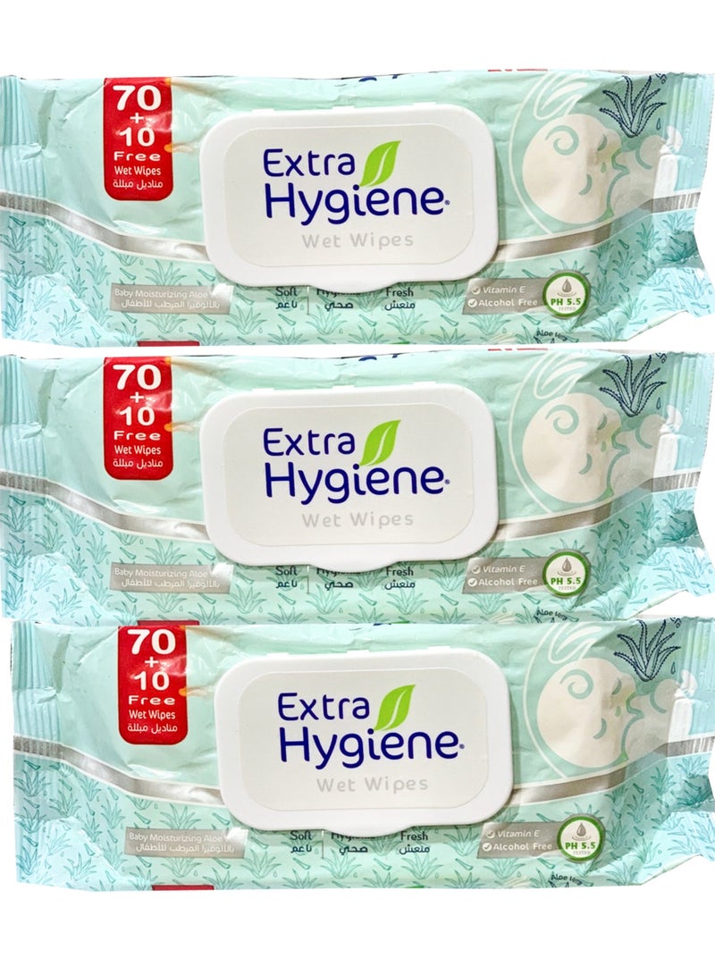 Extra Hygiene Wipes Baby Nourishing AloeVera 70+10 Wet Wipes 3 Pcs Packing May Vary
