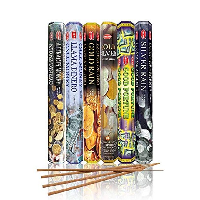 HEM Assorted Incense Sticks  Attracts Money, Call Money, Gold Rain, Gold Silver, Good Fortune & Silver Rain  Pack of 6  Premium Aromatherapy for Prosperity, Meditation & Home Fragrance. - Image 1