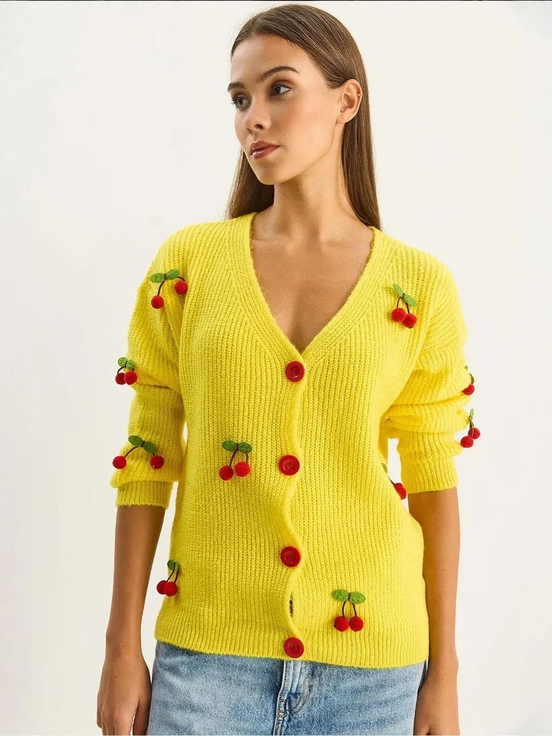 Bianco Lucci Lemon Yellow LUCCI V-Neck Fruit Embroidered Knitwear Cardigan for Women | Best Price UAE