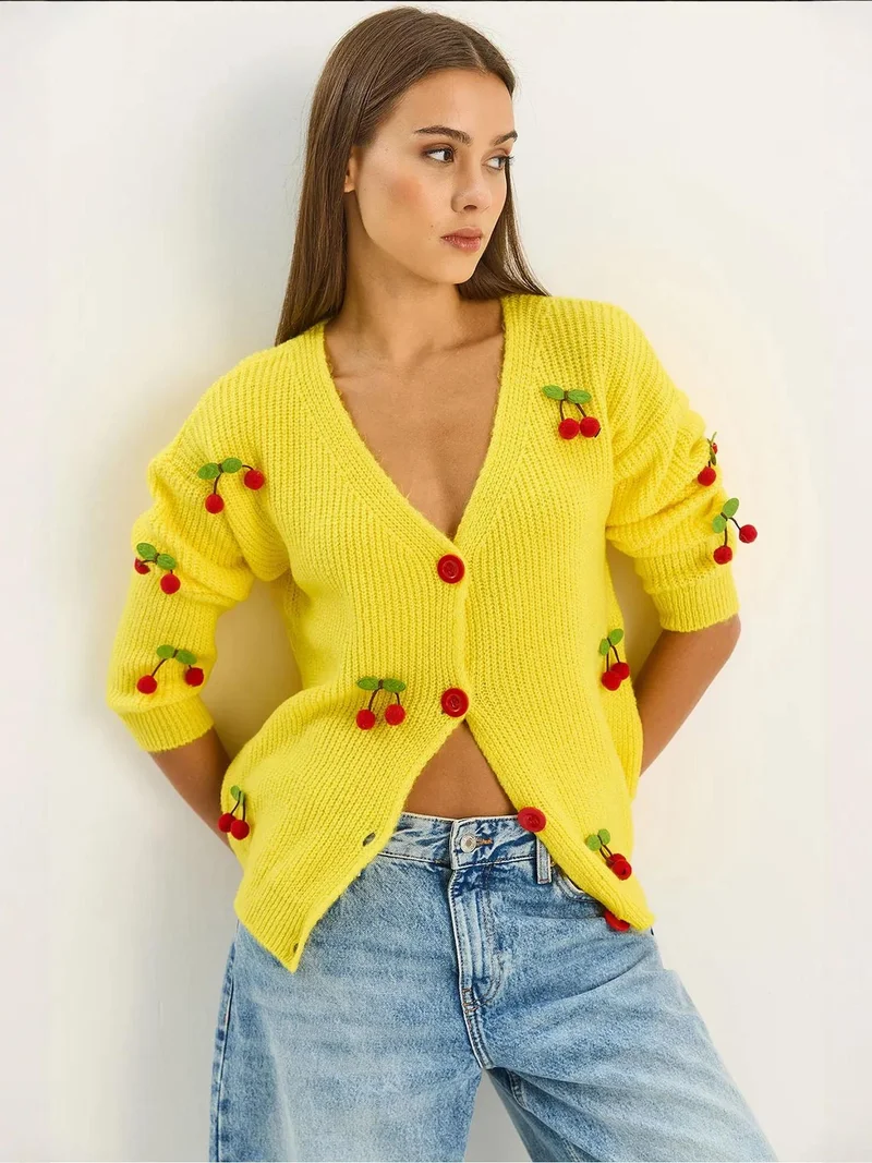 Bianco Lucci Lemon Yellow LUCCI V-Neck Fruit Embroidered Knitwear Cardigan for Women | Best Price UAE