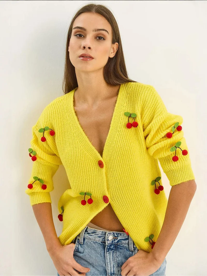 Bianco Lucci Lemon Yellow LUCCI V-Neck Fruit Embroidered Knitwear Cardigan for Women | Best Price UAE