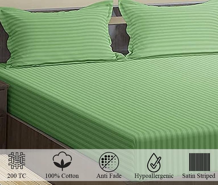 Trance Home Linen 100% Cotton 200 TC Satin Stripe Queen Size Bedsheet with 2 Pillow Covers | Fade-Resistant, Soft & Hypoallergenic |Flat Bedspread for Queen Size Bed- (86 x 104 inch, Moss Green) - Image 2