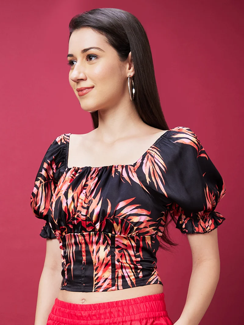globus Globus Women Tropical Printed Square Neck Puff Sleeves Smocked Crop Blouson Top