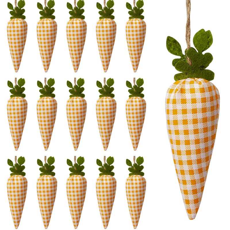 SHANGXING 16 Pcs Easter Carrot Hanging Ornaments- Plaid Print Pattern Easter Artificial Mini Carrot Hanging Ornaments for Easter Party Home DIY Craft Decor - Image 1