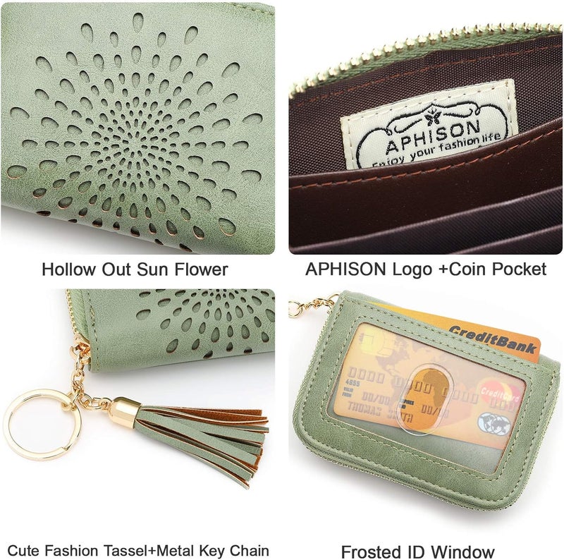 APHISON RFID Credit Card Holder Zipper Card Case Keychain Small Wallet for Women 1927 GREEN - Image 4