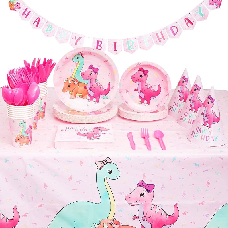 Blue Panda 195Piece Pink Baby Girl Dinosaur Birthday Party Supplies with Plates Napkins Cups Cutlery Banner Hats Table Covers Serves 24 Pastel Pink Dinosaur Party Decorations - Image 3