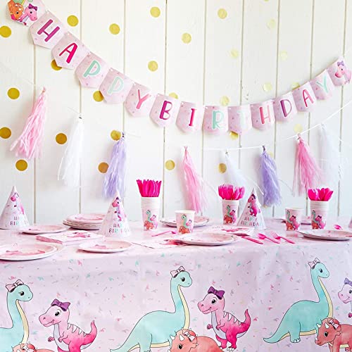 Blue Panda 195Piece Pink Baby Girl Dinosaur Birthday Party Supplies with Plates Napkins Cups Cutlery Banner Hats Table Covers Serves 24 Pastel Pink Dinosaur Party Decorations - Image 5