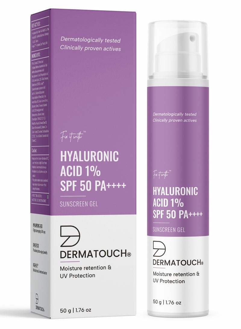 DERMATOUCH Hyaluronic Sunscreen Hydrating Ultra Light Aqua Gel With Spf 50 PA++++ For Broad Spectrum, UV A, UV B & Blue Light Protection For Oily Skin - 50G - Image 1