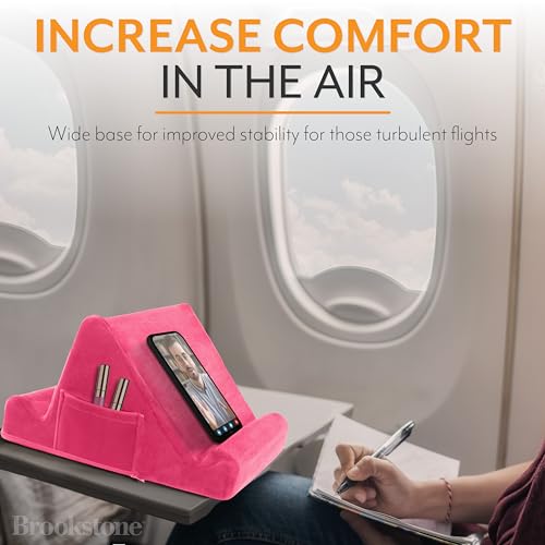 Brookstone, Memory Foam Lap Desk Tablet Holder, Holds Phones, iPads, E-Book Readers, 2 Viewing Angles, 2 Side Pockets for Accessories, Book Holder Cushion, Perfect Home, Car Travel, Flights, Pink - Image 3