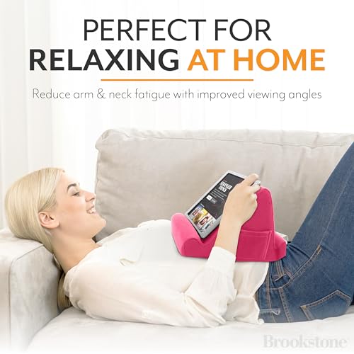 Brookstone, Memory Foam Lap Desk Tablet Holder, Holds Phones, iPads, E-Book Readers, 2 Viewing Angles, 2 Side Pockets for Accessories, Book Holder Cushion, Perfect Home, Car Travel, Flights, Pink - Image 2