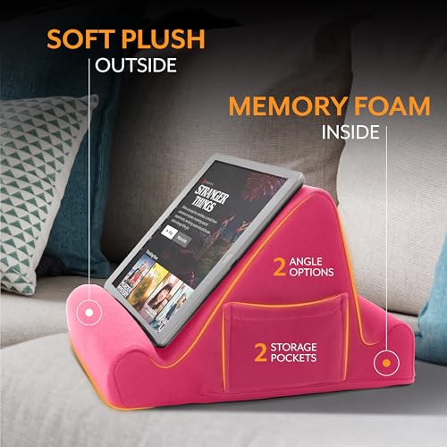 Brookstone, Memory Foam Lap Desk Tablet Holder, Holds Phones, iPads, E-Book Readers, 2 Viewing Angles, 2 Side Pockets for Accessories, Book Holder Cushion, Perfect Home, Car Travel, Flights, Pink - Image 5