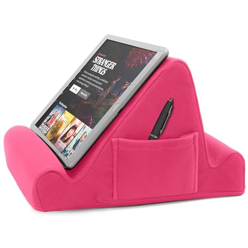 Brookstone, Memory Foam Lap Desk Tablet Holder, Holds Phones, iPads, E-Book Readers, 2 Viewing Angles, 2 Side Pockets for Accessories, Book Holder Cushion, Perfect Home, Car Travel, Flights, Pink - Image 1