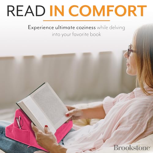 Brookstone, Memory Foam Lap Desk Tablet Holder, Holds Phones, iPads, E-Book Readers, 2 Viewing Angles, 2 Side Pockets for Accessories, Book Holder Cushion, Perfect Home, Car Travel, Flights, Pink - Image 4