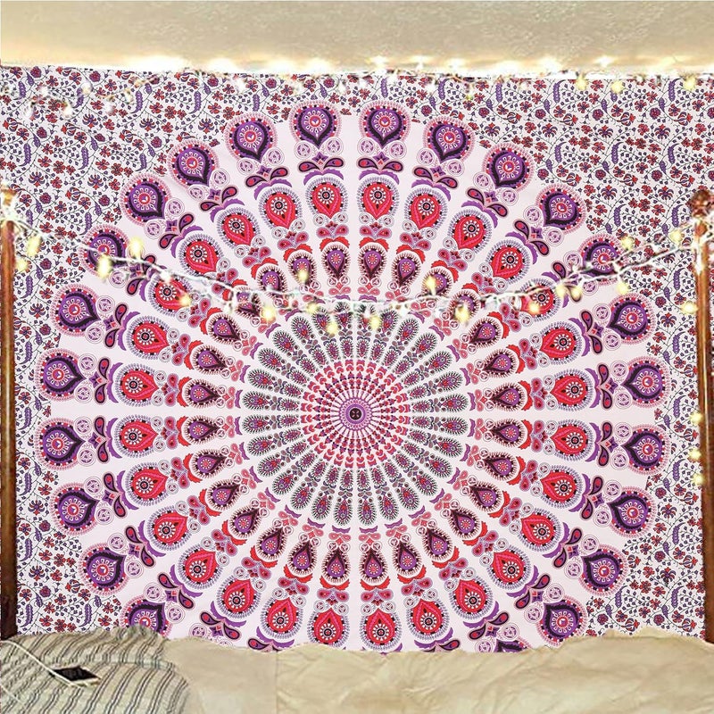 Bless International Indian hippie Bohemian Psychedelic Peacock Mandala Wall hanging Bedding Tapestry (Pink Blue, King (88x104Inches)(225x265Cms)) - Image 5