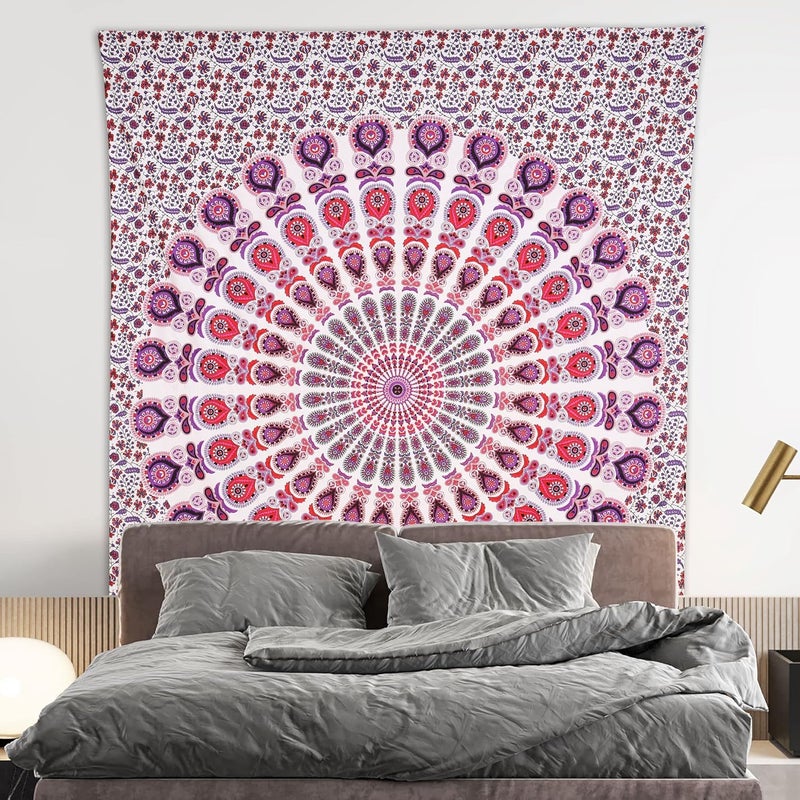 Bless International Indian hippie Bohemian Psychedelic Peacock Mandala Wall hanging Bedding Tapestry (Pink Blue, King (88x104Inches)(225x265Cms)) - Image 2