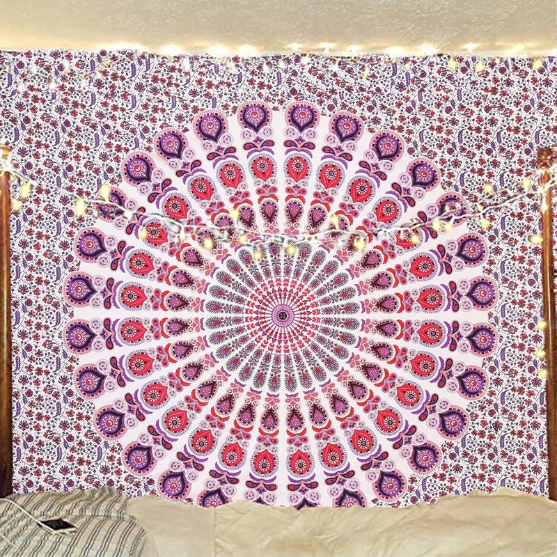 Bless International Indian hippie Bohemian Psychedelic Peacock Mandala Wall hanging Bedding Tapestry (Pink Blue, King (88x104Inches)(225x265Cms)) - Image 1