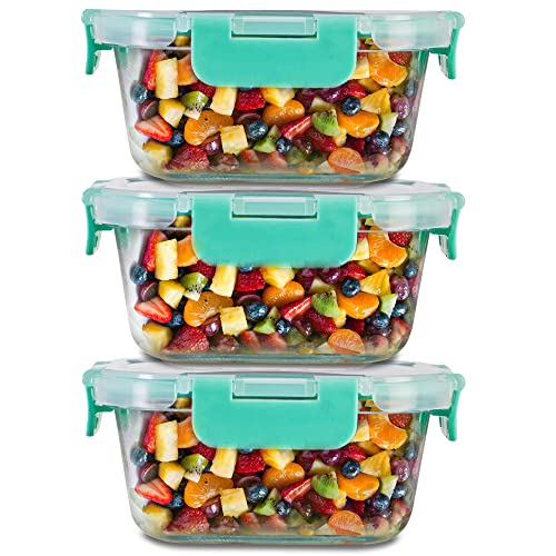 Allo FoodSafe Glass Containers with Lids with Break Free Lock, Oven Microwave Safe Containers, High Borosilicate Meal Prep Glass Food Storage Containers for Kitchen, Set of 3, 520ml, Square - Image 1