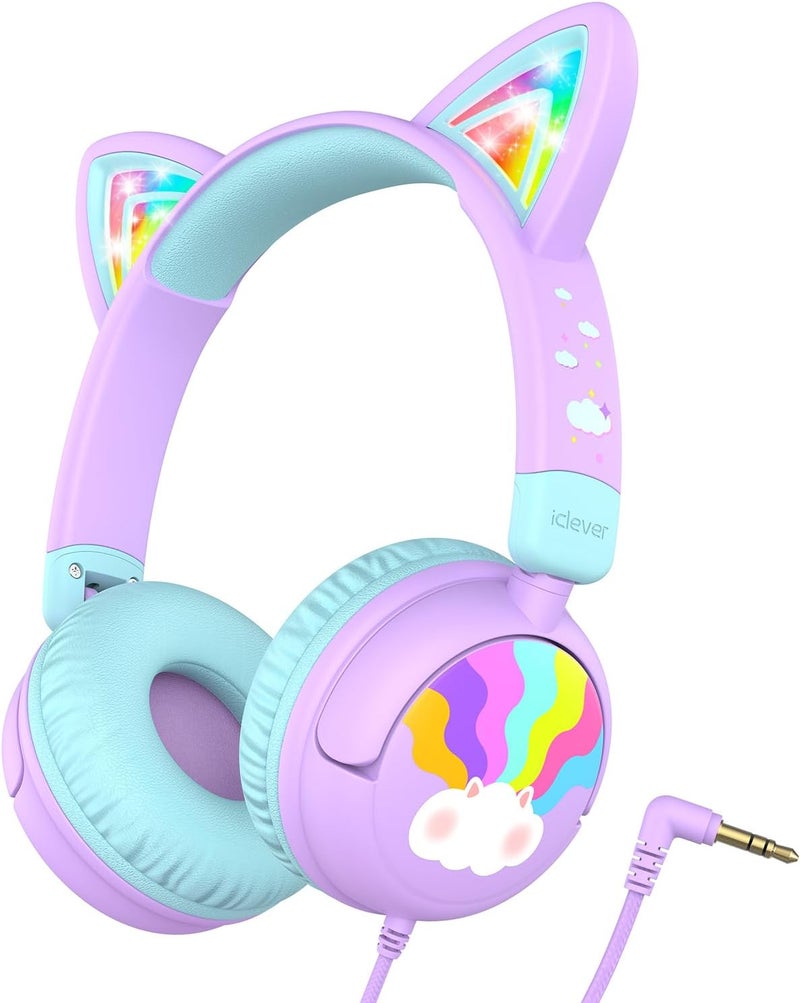 iClever Kids Headphones With LED Light Up Cat Ear, 85dBA Safe Volume, Stereo Sound, Foldable 3.5mm Wired for Tablets, School, Travel - Image 1