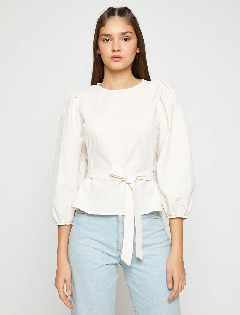 كوتون Belted Blouse Balloon Sleeves Crew Neck Textured