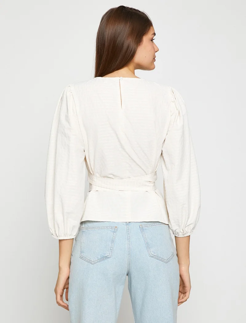 كوتون Belted Blouse Balloon Sleeves Crew Neck Textured