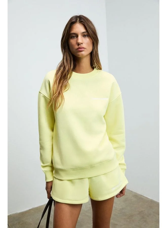 Grimelange Jennıfer Women's Organic Cotton Embroidered Round-Neck Oversized Yellow Sweatshirt