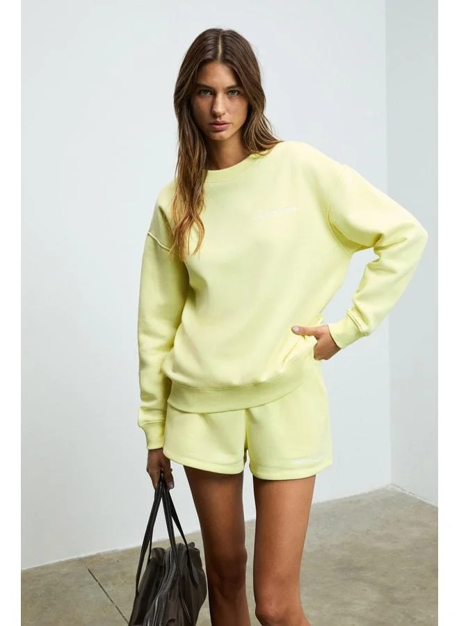 Grimelange Jennıfer Women's Organic Cotton Embroidered Round-Neck Oversized Yellow Sweatshirt