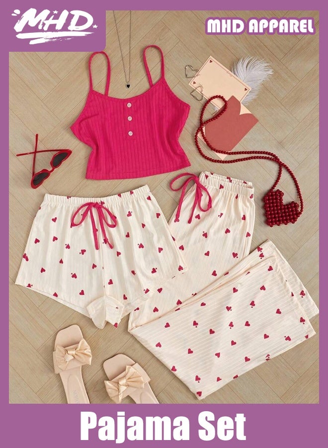 طقم نسائي مكون من شورت وبنطلون طويل كاجوال بطبعة قلب مضلعة على الطراز الأوروبي