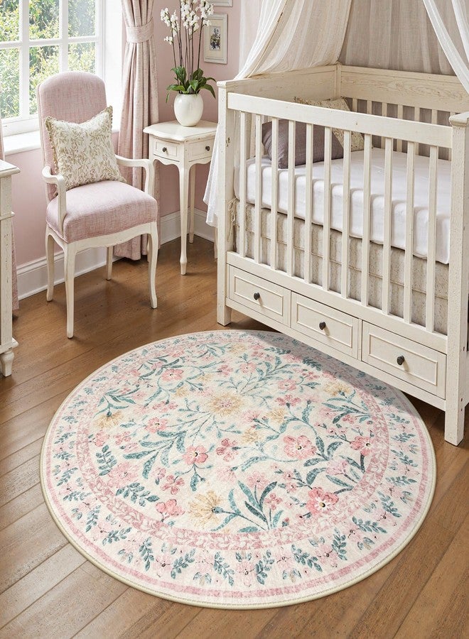 Wonnitar Pink Floral Round Rugs 5ft, Soft Circle Rug Non Slip Washable Round Carpet, Boho Non-Shedding Flower Distressed Circle Carpets for Bedroom Girls Room Nursery - Image 2