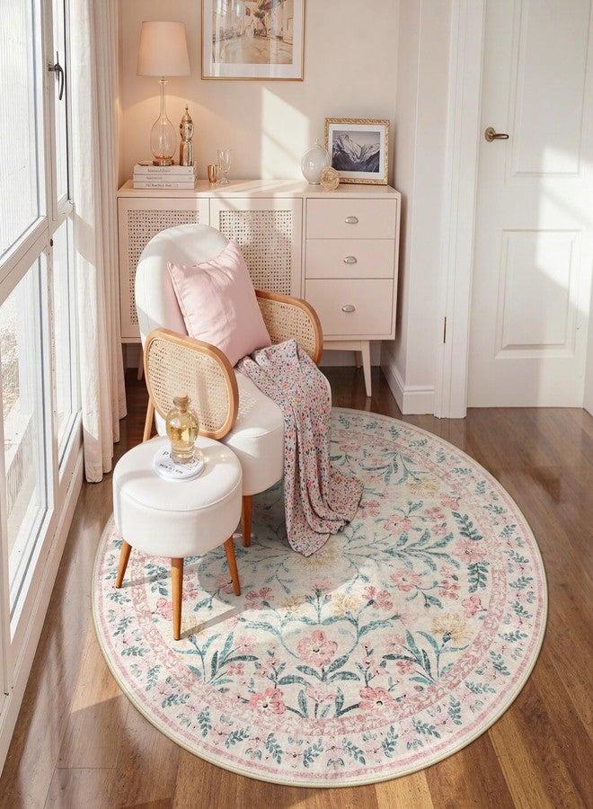 Wonnitar Pink Floral Round Rugs 5ft, Soft Circle Rug Non Slip Washable Round Carpet, Boho Non-Shedding Flower Distressed Circle Carpets for Bedroom Girls Room Nursery - Image 3
