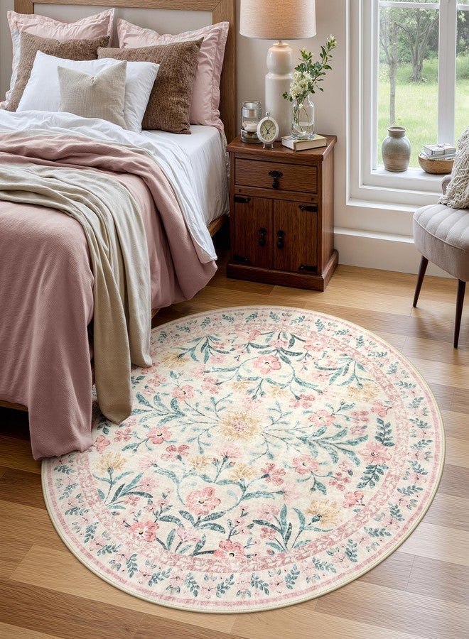 Wonnitar Pink Floral Round Rugs 5ft, Soft Circle Rug Non Slip Washable Round Carpet, Boho Non-Shedding Flower Distressed Circle Carpets for Bedroom Girls Room Nursery - Image 1