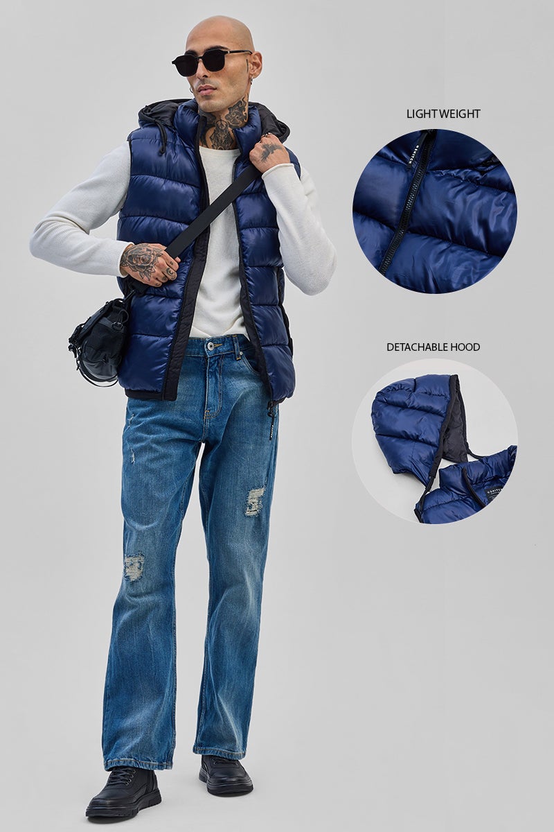 SNITCH Blue Puffer Sleeveless Detachable Hood Vest - Image 3
