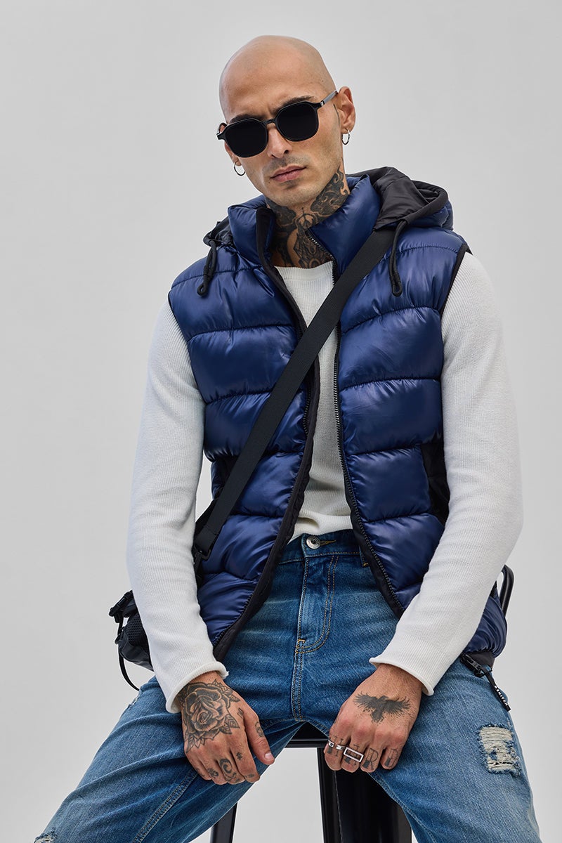 SNITCH Blue Puffer Sleeveless Detachable Hood Vest - Image 5
