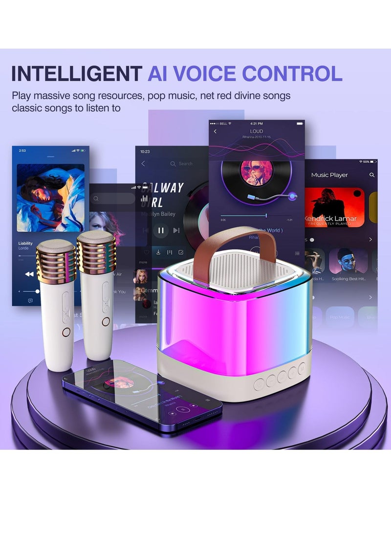 2024 Karaoke Machine for Kids Adults Mini Portable Handheld Bluetooth Karaoke Speaker with 2 Wireless Mics Long Range Illusionary Flowing Light for Home Party Birthday Party Gifts Beige - Image 3