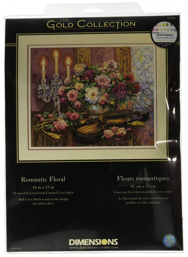 Dimensions Gold Collection Counted Cross Stitch Kit, Romantic Floral, 14 Count Beige Aida, 13'' x 16'' - Image 1