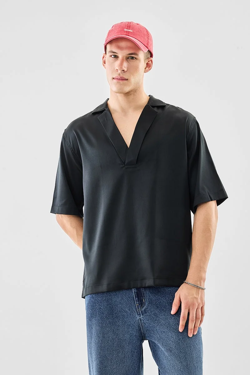 سنيتش Black Solid Half Sleeve Boxy Shirt