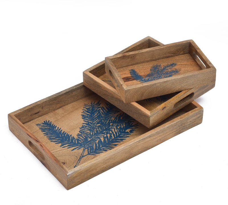 OGGN Blue Leaf Printed Wooden Serving Tray Set of 3, Handmade Wood Platter with Handles, Tea Breakfast Wood Plate, Trays for Kitchen, Dining Table (Pack of 3) - Image 2