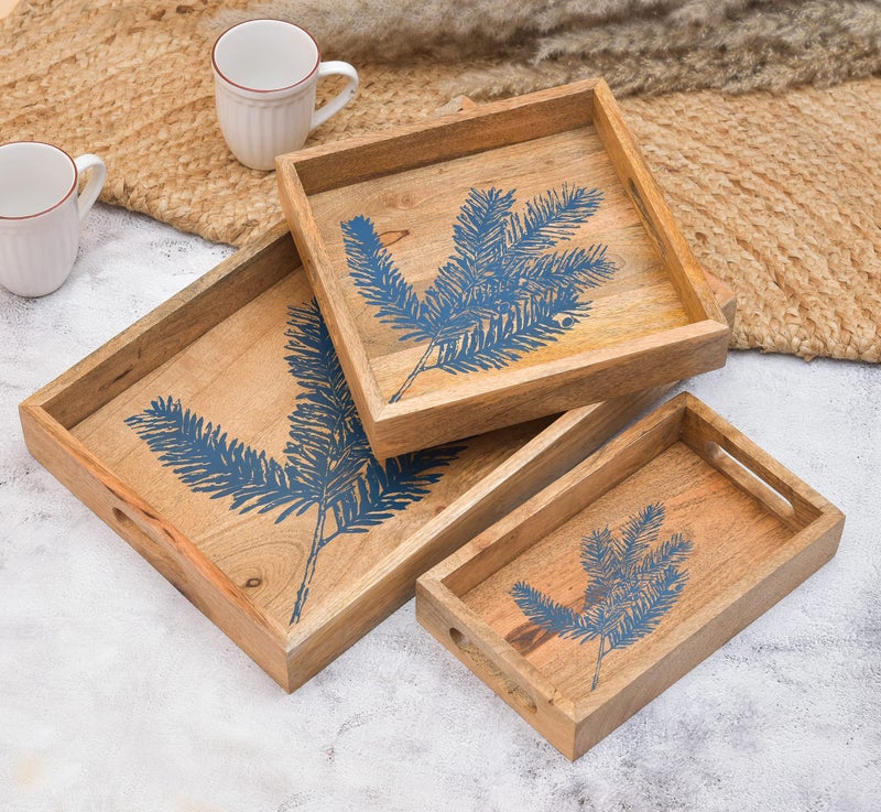 OGGN Blue Leaf Printed Wooden Serving Tray Set of 3, Handmade Wood Platter with Handles, Tea Breakfast Wood Plate, Trays for Kitchen, Dining Table (Pack of 3) - Image 1