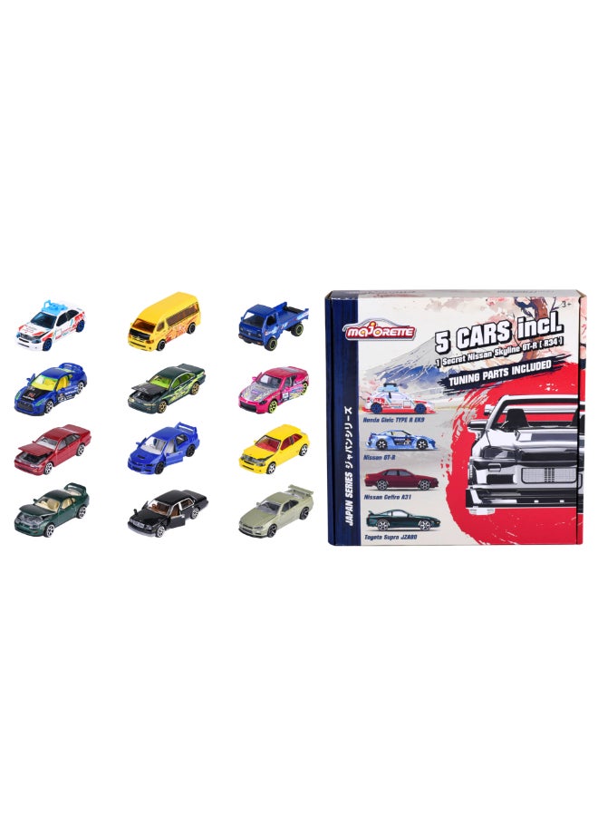Majorette Japan Series Bonus Pack Diecast, 5 Japanese Model Cars, 1:64 Scale Metal Toy Vehicles with Freewheel, Suspension, Opening Parts and Tuning Accessories, 7.5 cm, Ages 3+ - Image 1