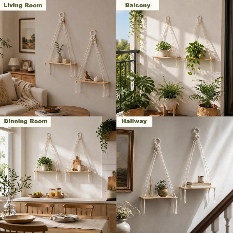 Artilady Boho Shelf Wall Decor Macrame Hanging Floating Shelves for Storage | Natural Wood Plant Shelf, Crystal Candle Holder for Small Space, Stable & Adjustable Length, Rustic Bedroom Living Room Decor - Image 3