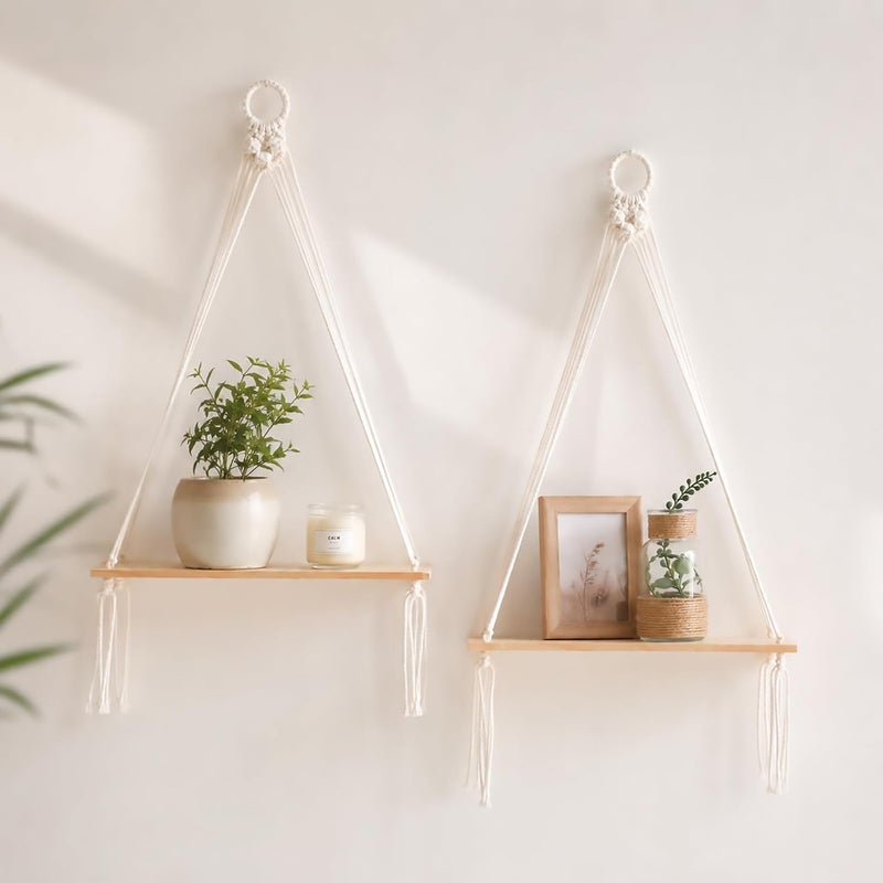 Artilady Boho Shelf Wall Decor Macrame Hanging Floating Shelves for Storage | Natural Wood Plant Shelf, Crystal Candle Holder for Small Space, Stable & Adjustable Length, Rustic Bedroom Living Room Decor - Image 1