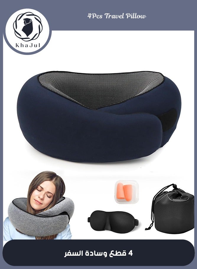 خاجول وسادة سفر مريحة للطائرة، دعم عنق من رغوة الذاكرة مع حزام قابل للتعديل، للبالغين، تتضمن قناع عيون وحقيبة حمل (أزرق) - Image 1