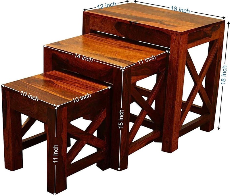 UNITEK FURNITURE UNITEK FURNITURE Sheesham Wood Nesting Tables Set of 3 Stools Honey Finsih Solid Wood Nesting Table Finish Color Natural Teak Finish Set of 3  - Image 2