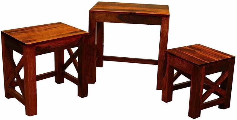 UNITEK FURNITURE UNITEK FURNITURE Sheesham Wood Nesting Tables Set of 3 Stools Honey Finsih Solid Wood Nesting Table Finish Color Natural Teak Finish Set of 3  - Image 5