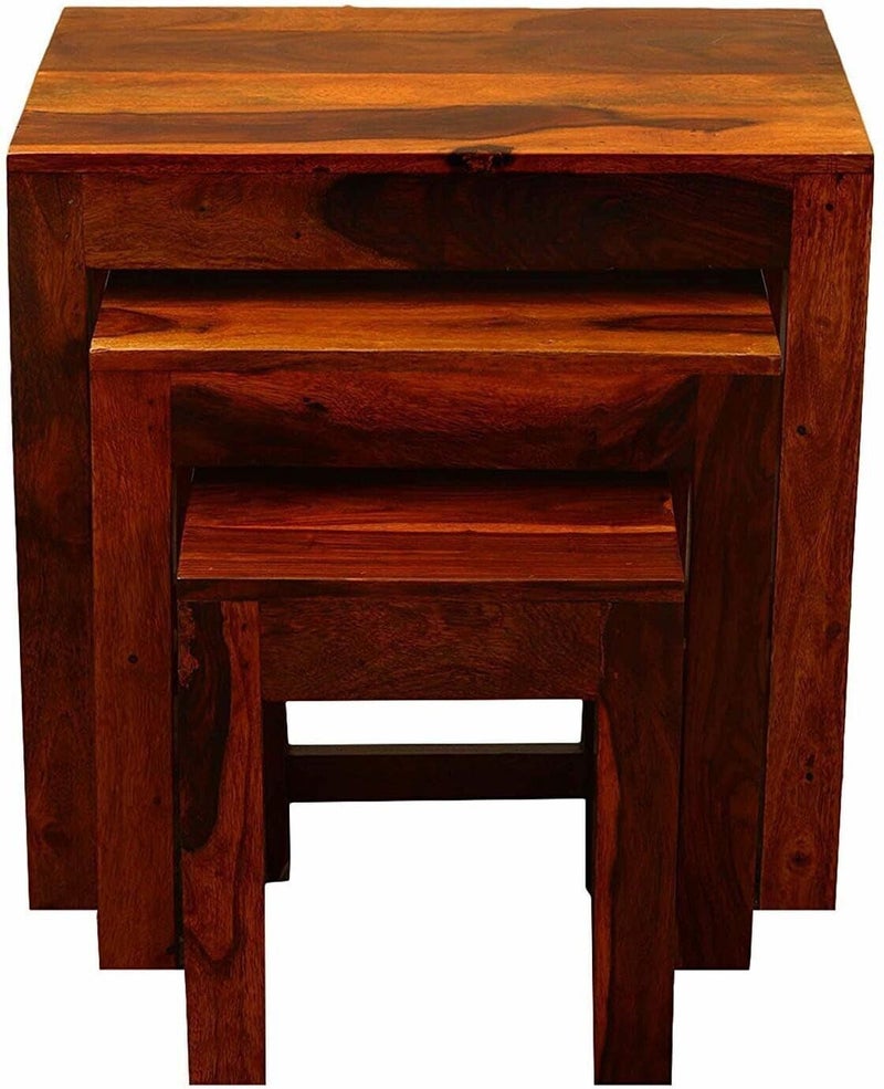 UNITEK FURNITURE UNITEK FURNITURE Sheesham Wood Nesting Tables Set of 3 Stools Honey Finsih Solid Wood Nesting Table Finish Color Natural Teak Finish Set of 3  - Image 3