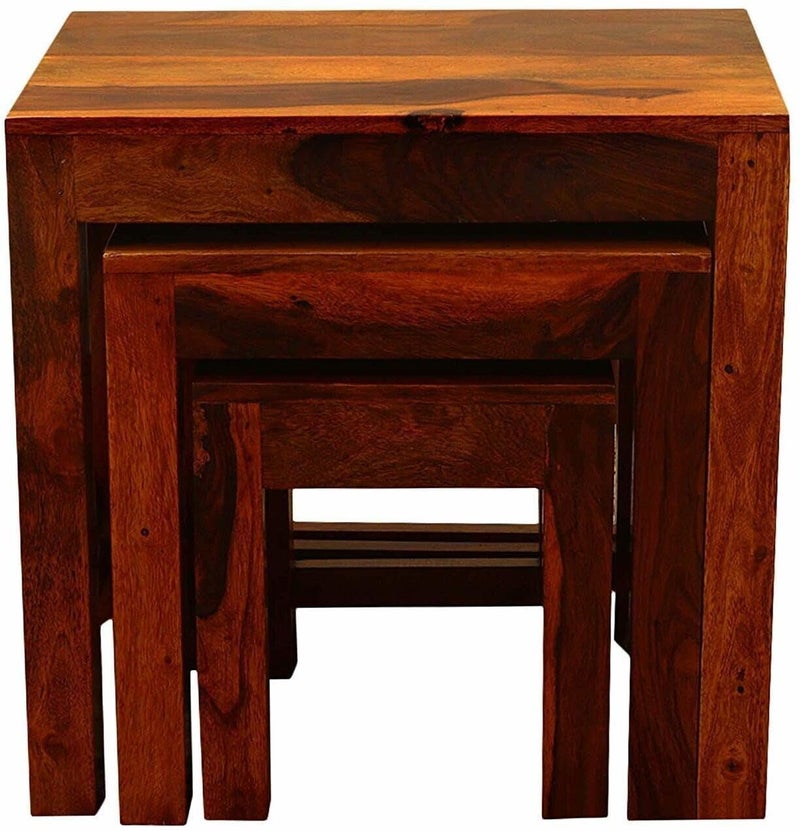 UNITEK FURNITURE UNITEK FURNITURE Sheesham Wood Nesting Tables Set of 3 Stools Honey Finsih Solid Wood Nesting Table Finish Color Natural Teak Finish Set of 3  - Image 4