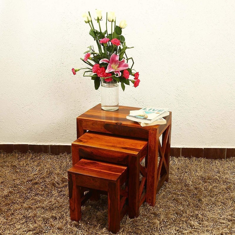 UNITEK FURNITURE UNITEK FURNITURE Sheesham Wood Nesting Tables Set of 3 Stools Honey Finsih Solid Wood Nesting Table Finish Color Natural Teak Finish Set of 3  - Image 1
