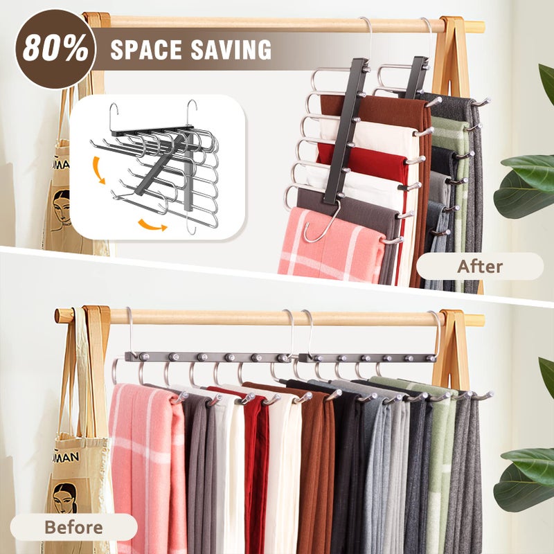 Huitem 4 Pack 6-Tier Space Saving Pant Hangers  Anti-Slip  Lightweight  Stainless Steel  Black  6 Pairs Jeans Hangers - Image 2