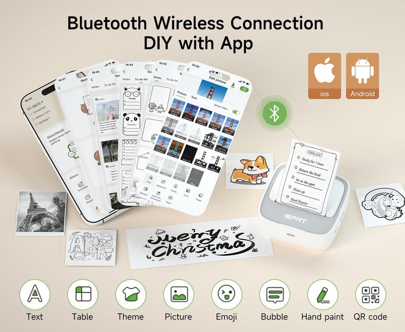 iDPRT طابعة ملصقات iDPRT، آلة صنع الملصقات المحمولة، طابعة حرارية صغيرة بدون حبر بتقنية Bluetooth لأجهزة iPhone وAndroid، طابعة جيب للملصقات والباركود واليوميات DIY، هدية للأطفال، رمادي - Image 2