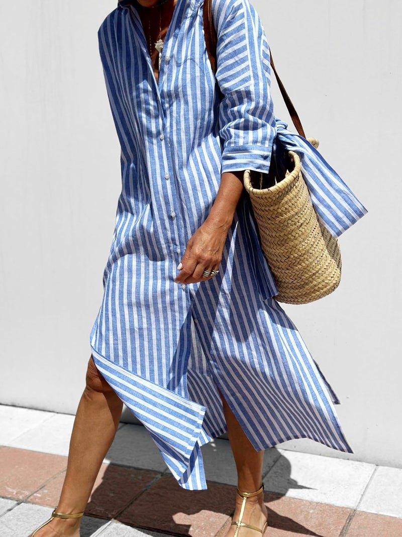 utcoco Womens 2026 Shirt Dress Casual Lapel 3/4 Sleeve Button Down Split Belted Vacation Maxi Dress (XX-Large, Blue Striped) - Image 2